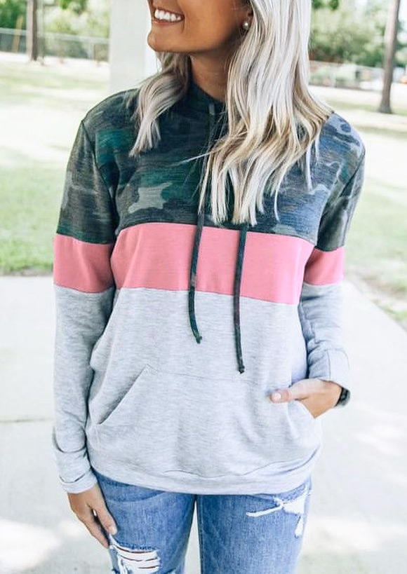 

Hoodies Camouflage Color Block Kangaroo Pocket Hoodie in Multicolor. Size