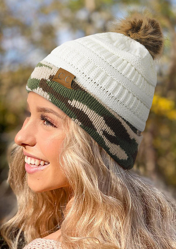 

Hats Camouflage Hairball Beanie Hat in Beige. Size