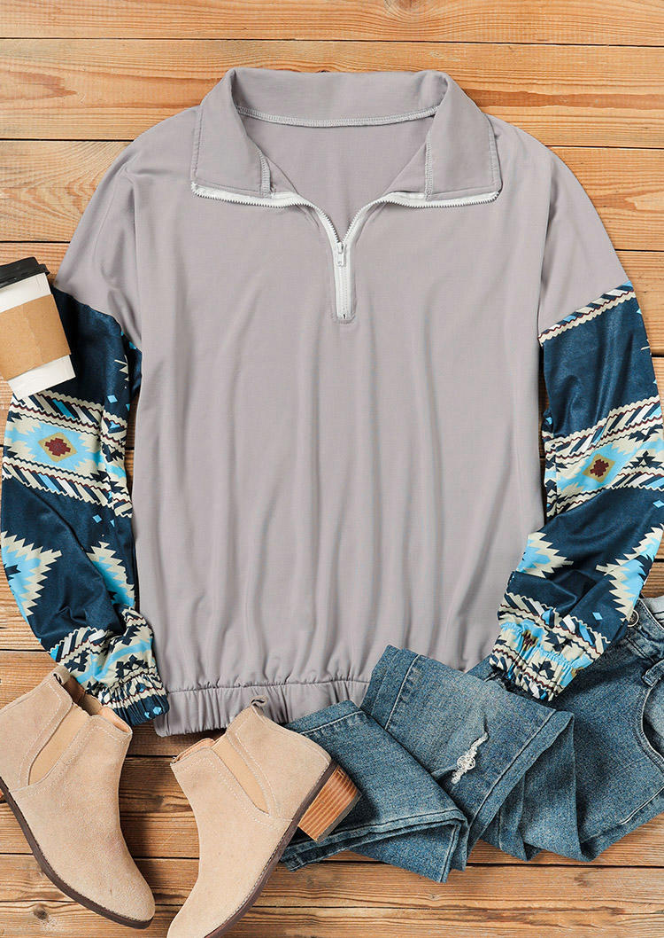 Sweatshirts Aztec Geometric Zipper Elastic Cuff Sweatshirt in Multicolor. Size: L,M,S,XL