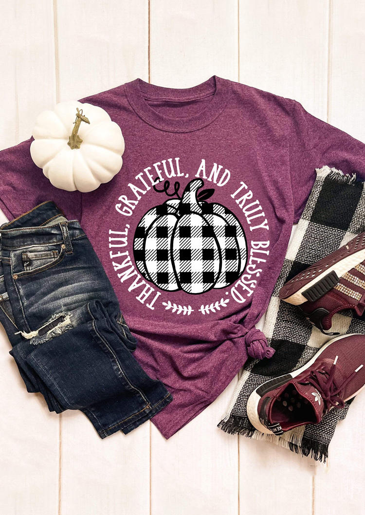 T-shirts Tees Thankful Grateful And Truly Blessed Plaid Pumpkin T-Shirt Tee in Purple. Size: L,M,S