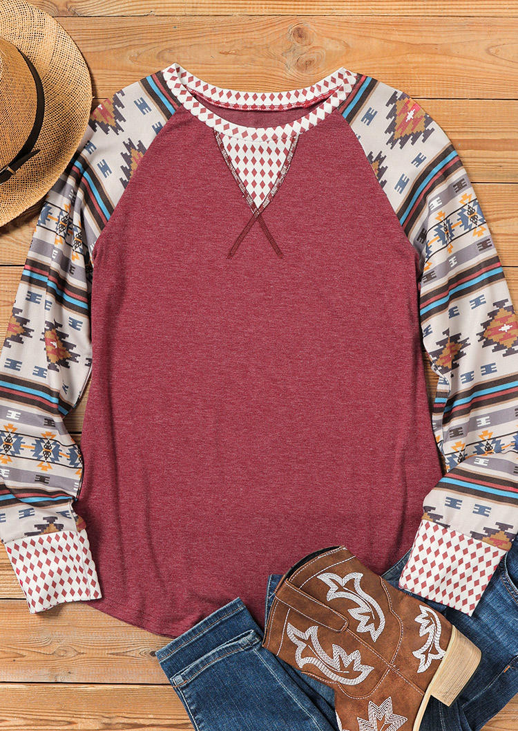 

Blouses Aztec Geometric Splicing Long Sleeve Blouse in Cameo Brown. Size