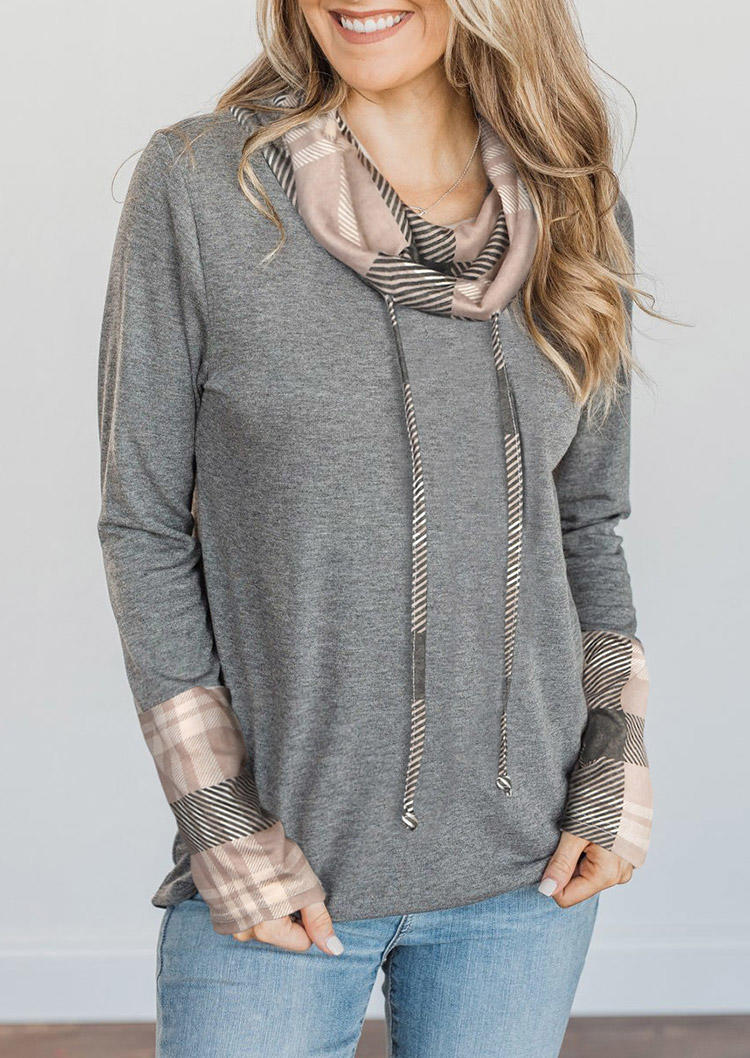 Blouses Plaid Splicing Drawstring Long Sleeve Blouse in Gray. Size: L,M,S