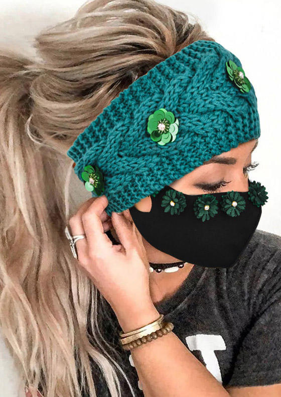 

2Pcs Floral Knitted Headband And Mask Set in Black. Size