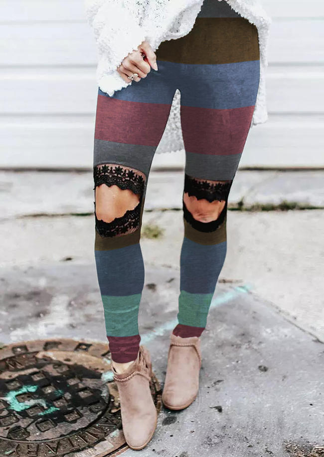 Leggings Lace Cut Out Color Block Striped Skinny Leggings in Multicolor. Size: L,M,S