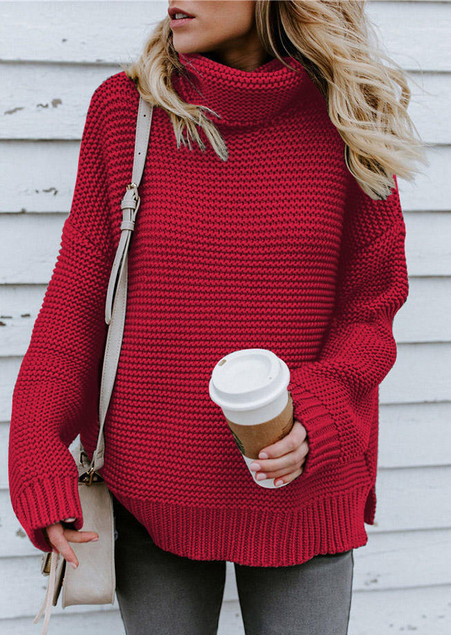 

Sweaters Knitted Slit Turtleneck Long Sleeve Sweater in Red. Size