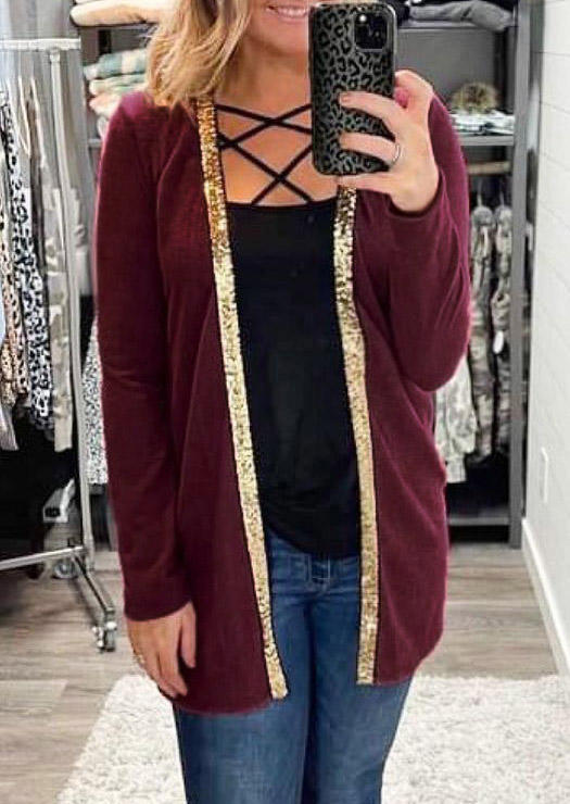 Cardigans Splicing Long Sleeve Cardigan - Burgundy in Red. Size: L,M,S