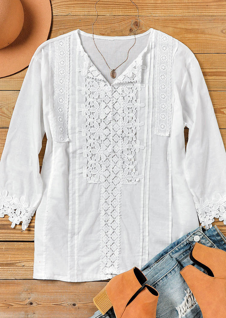 

Blouses Lace Hollow Out Three Quarter Sleeve Blouse in White. Size