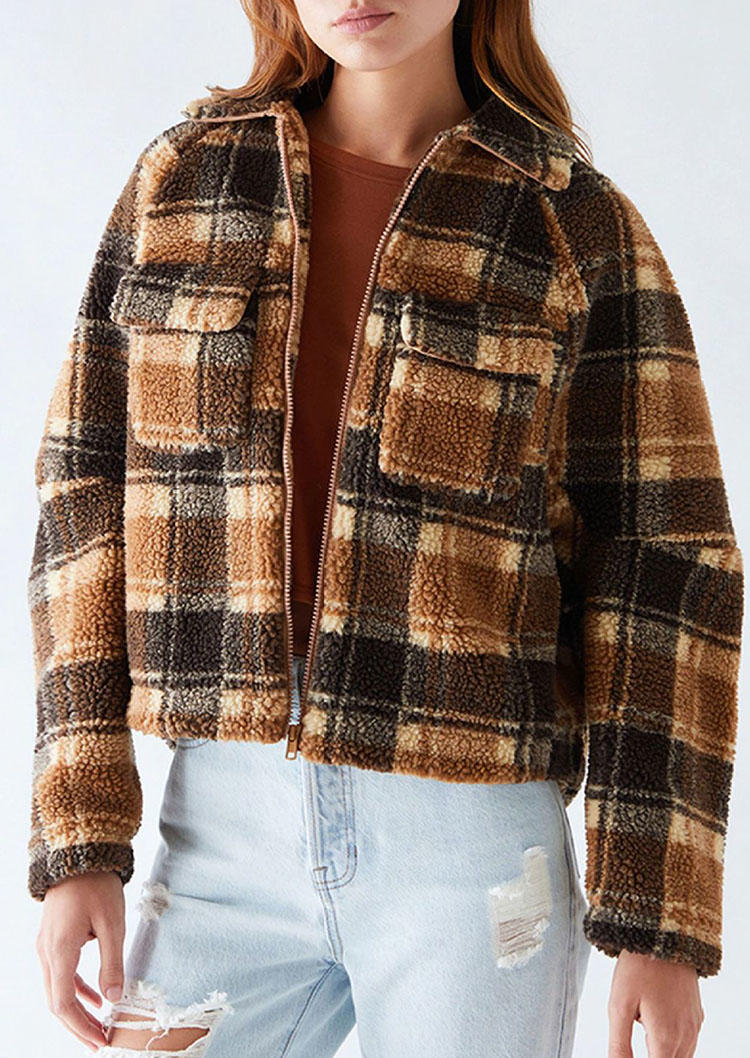 

Coats Fuzzy Plaid Pocket Zipper Long Sleeve Coat in Multicolor. Size: ,M,L,XL