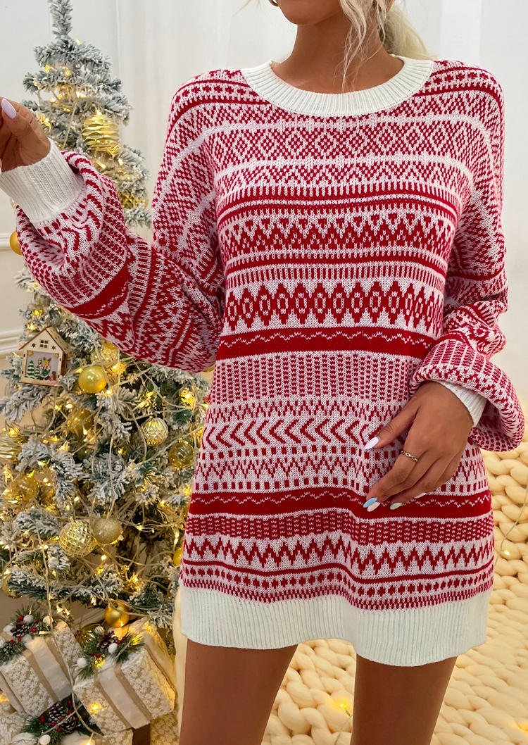 Christmas Geometric Long Sleeve Sweater Mini Dress - Red