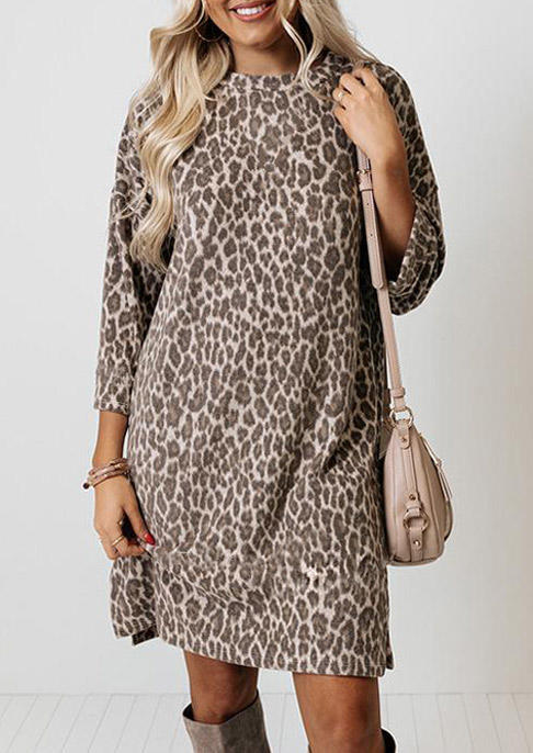 Leopard Slit Long�0�2Sleeve Mini Dress