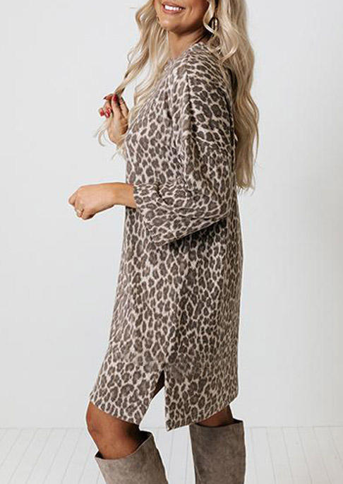 

Mini Dresses Leopard Slit Long Sleeve Mini Dress in Multicolor. Size: L,M