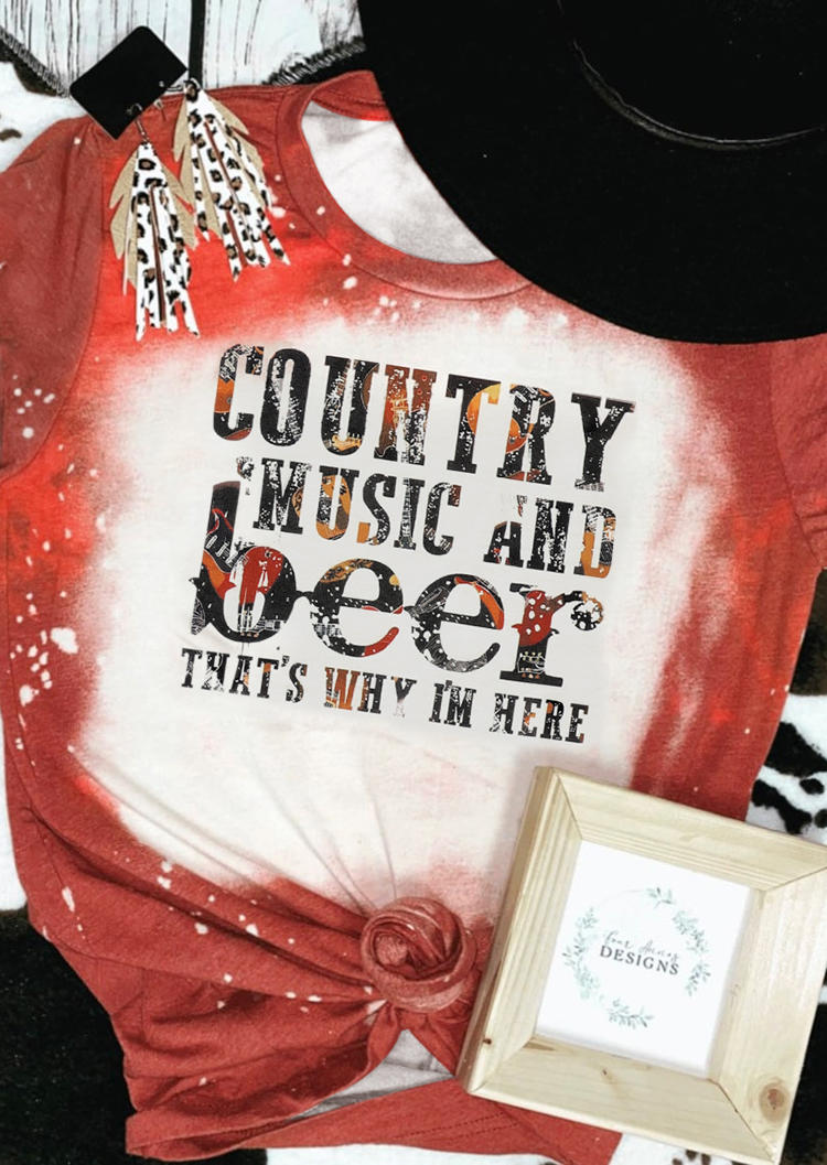 

T-shirts Tees Country Music And Beer Bleached T-Shirt Tee in Red. Size
