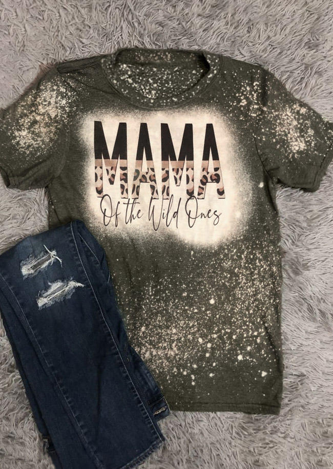 T-shirts Tees Mama Of The Wild Ones Bleached T-Shirt Tee in Army Green. Size: L