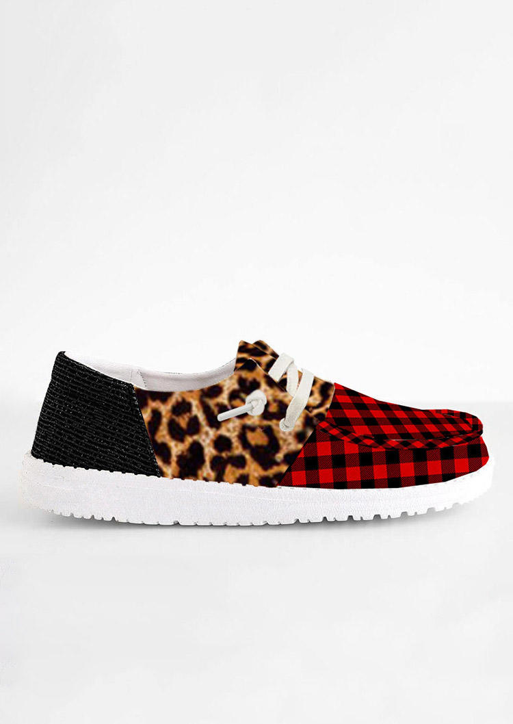 Buffalo Plaid Leopard Splicing Slip On Flat Sneakers - Red