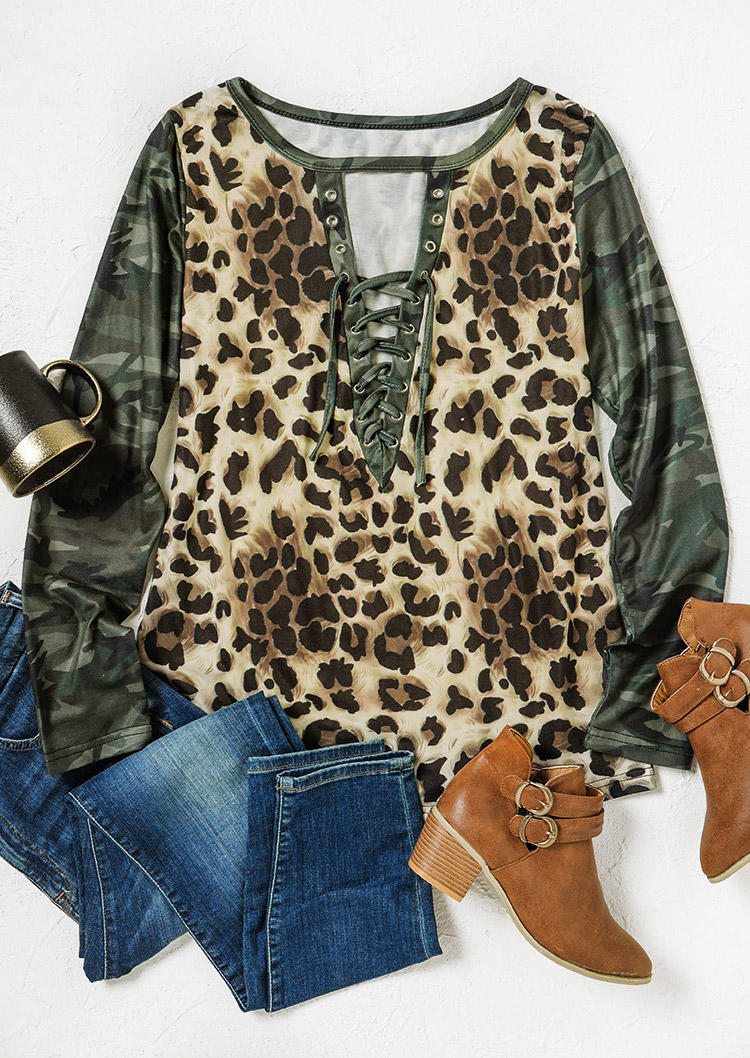 Blouses Camouflage Leopard Hollow Out Lace Up Blouse in Multicolor. Size: XL