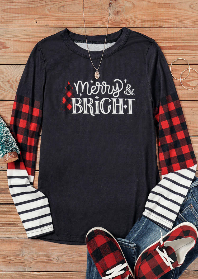 Merry & Bright Plaid Striped T-Shirt Tee - Black