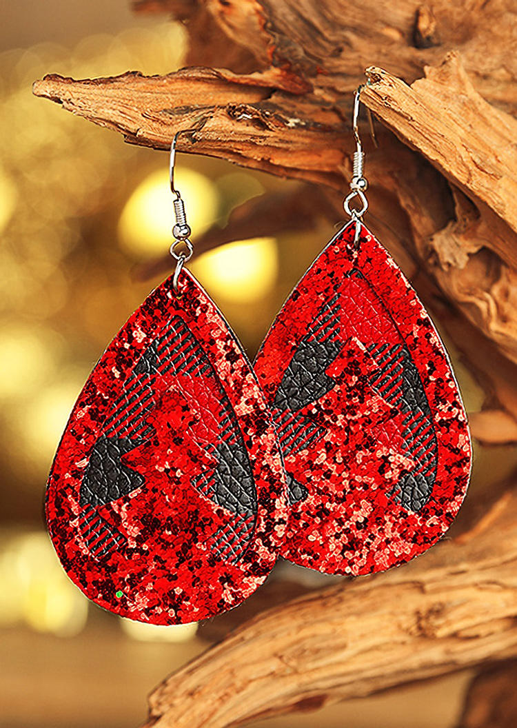 

Earrings Glitter Christmas Tree Buffalo Plaid Water Drop Earrings in Red. Size