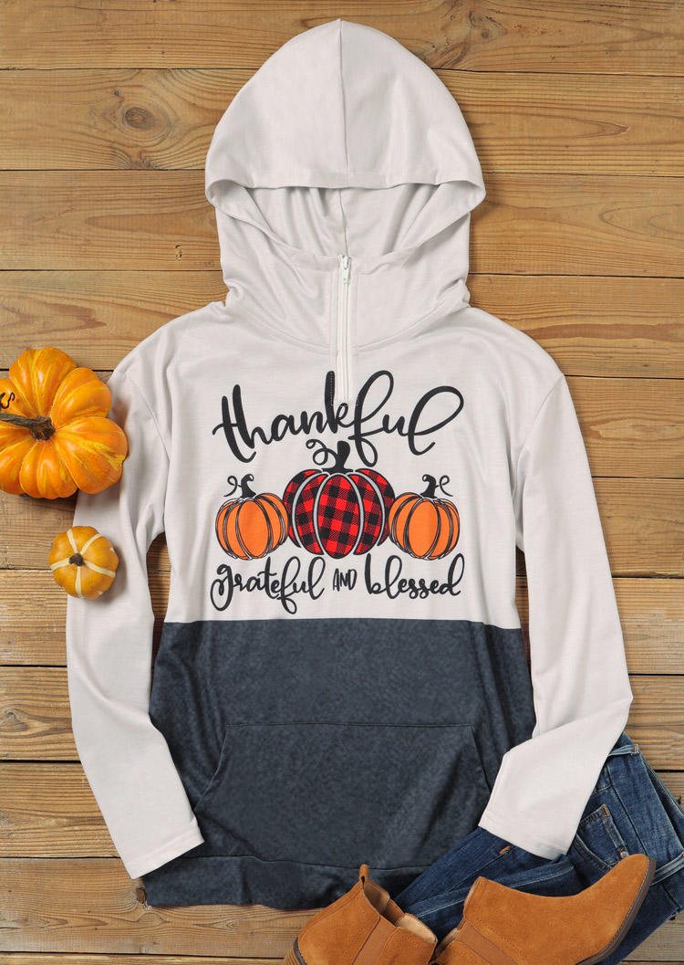 

Hoodies Thankful Grateful And Blessed Plaid Pumpkin Zipper Hoodie in Multicolor. Size