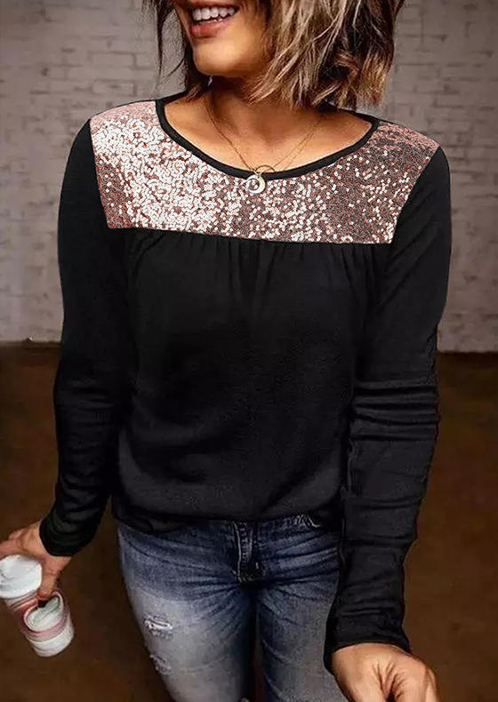 

Blouses Sequined Splicing Long Sleeve Blouse in Black. Size: ,M,L