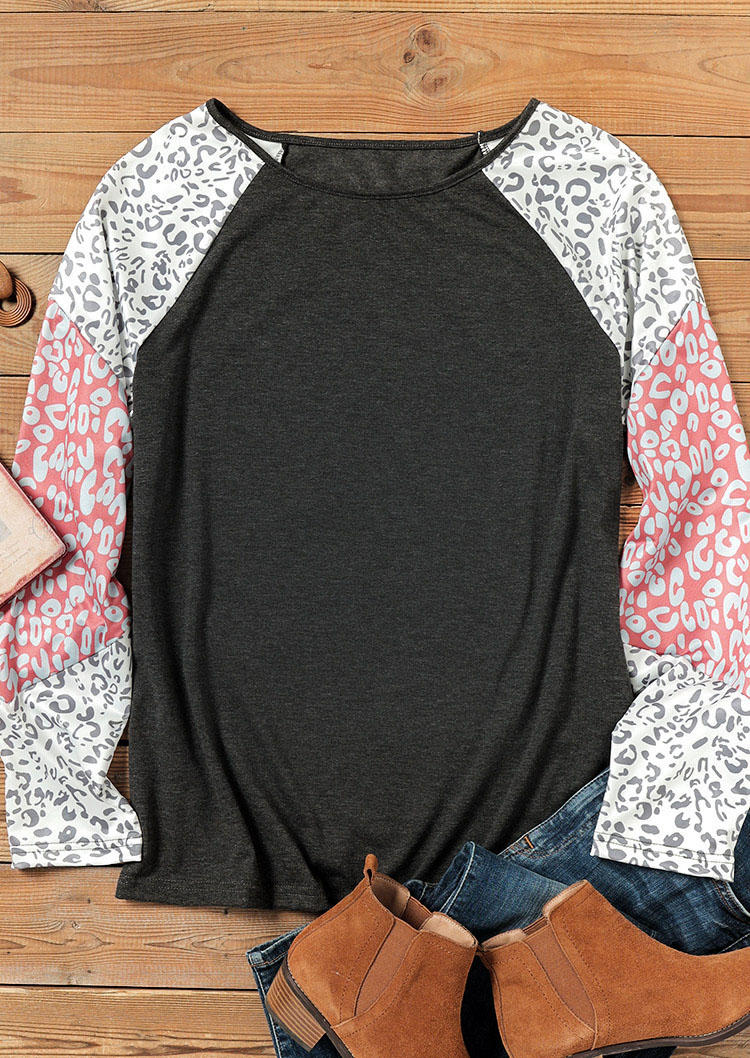 Blouses Leopard Color Block Long Sleeve Blouse - Dark Grey in Gray. Size: L,M,S
