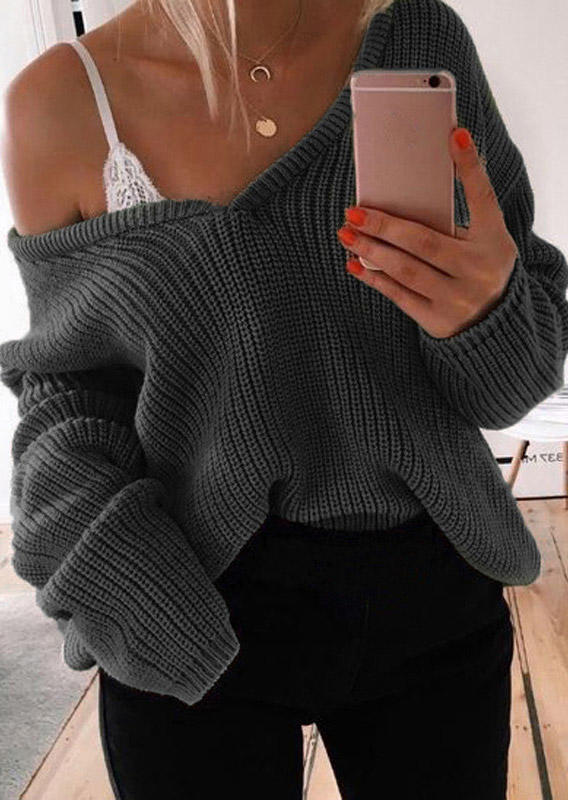 

Knitted V-Neck Long Sleeve Sweater - Dark Grey, 519807