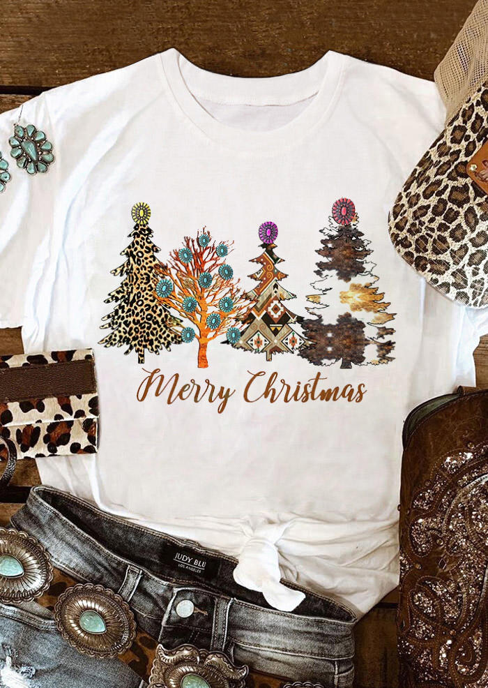 

T-shirts Tees Merry Christmas Leopard Tree T-Shirt Tee in White. Size