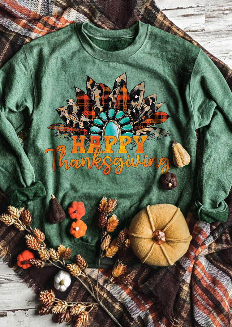 Sweatshirts Happy Thanksgiving Turquoise Leopard Sunflower Sweatshirt in Green. Size: S,L,XL