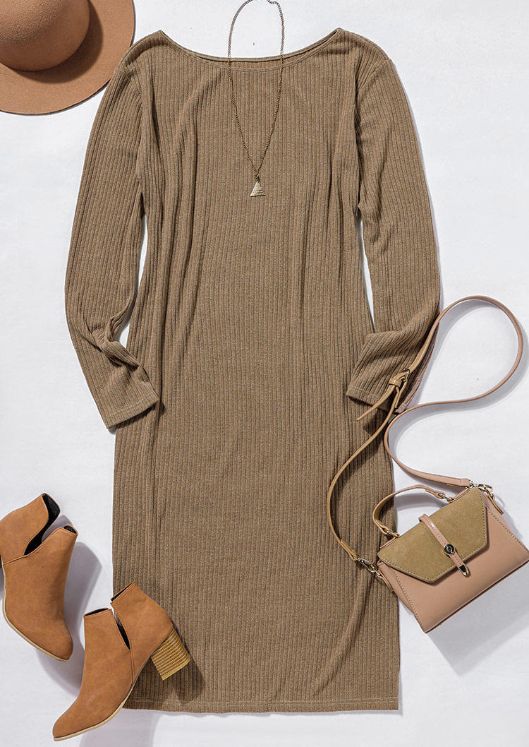 Slit Long Sleeve Knitted Midi Dress - Khaki