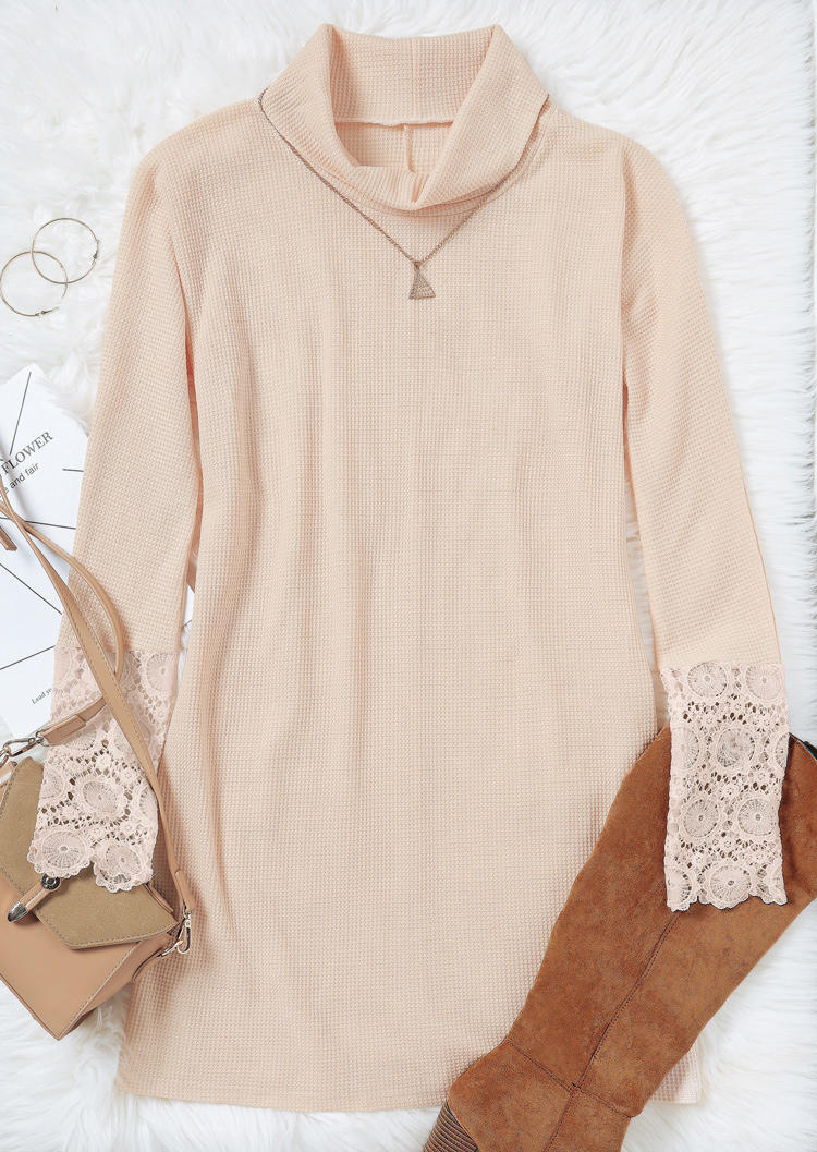 

Mini Dresses Lace Splicing Cowl Neck Mini Dress in Apricot. Size