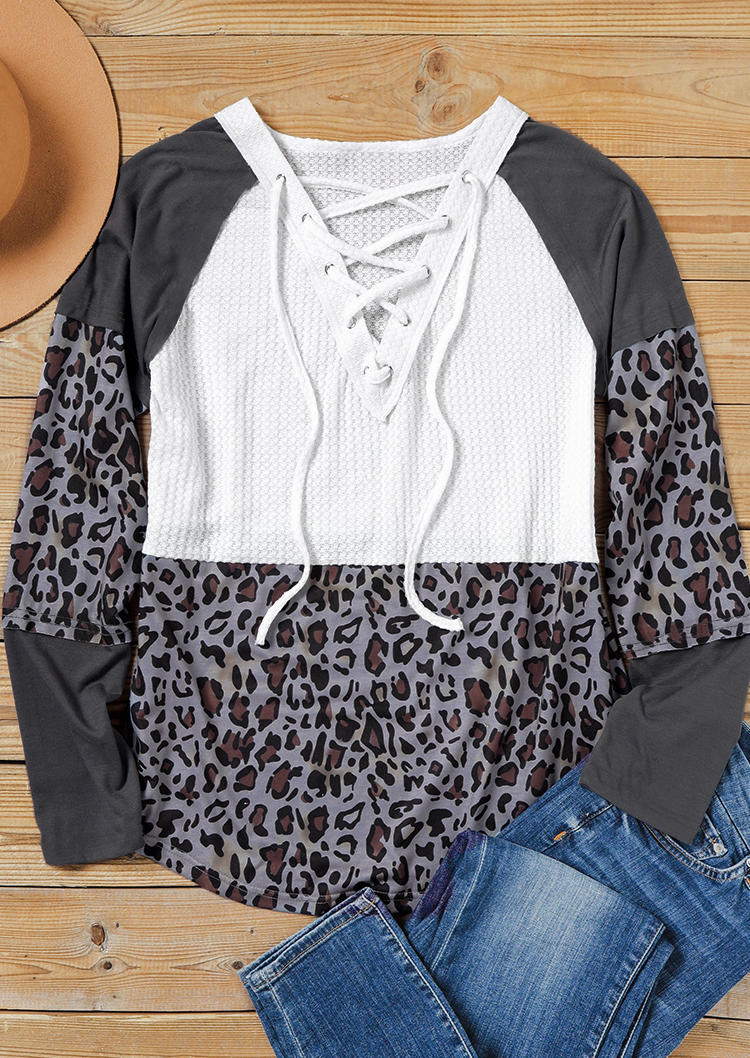 Blouses Lace Up Waffle Leopard Splicing Blouse in Multicolor. Size: XL