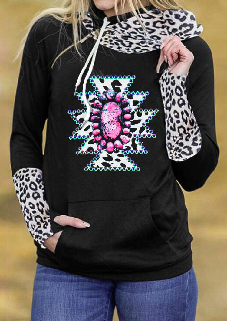 

Hoodies Leopard Aztec Geometric Kangaroo Pocket Thumbhole Hoodie in Black. Size