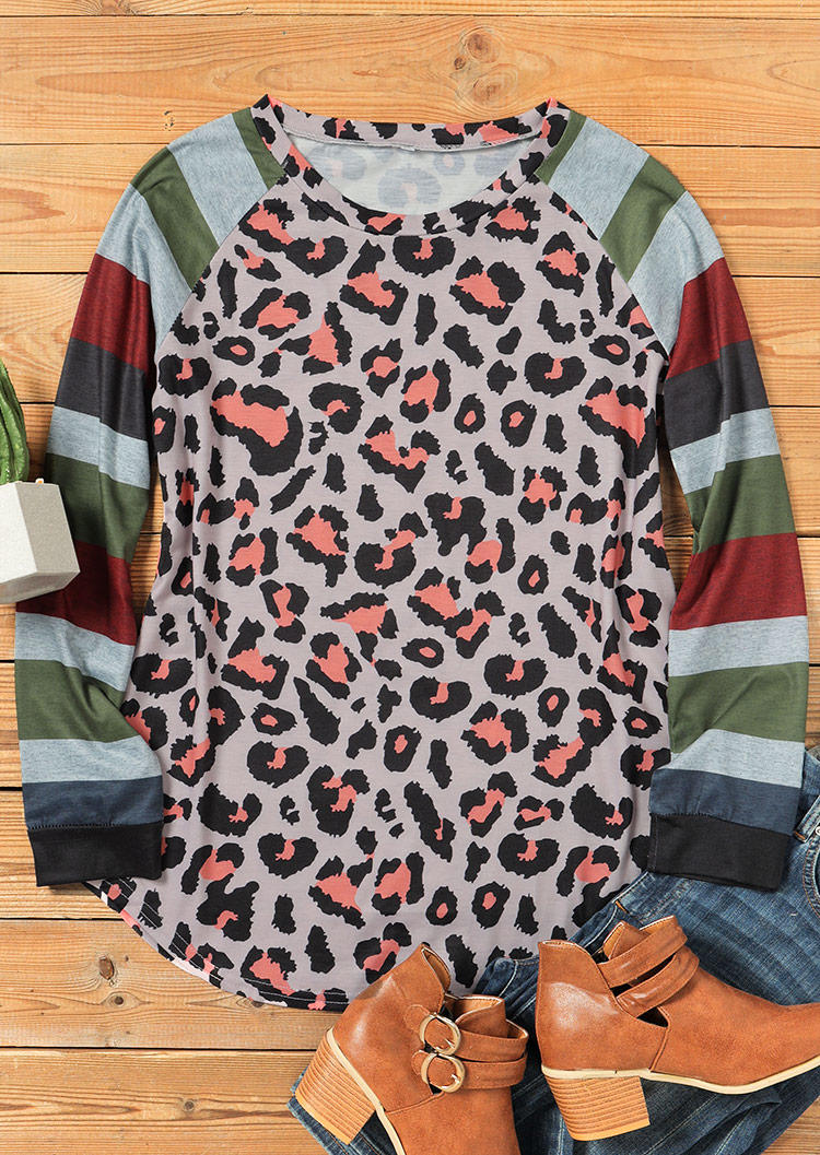 

Blouses Leopard Striped Splicing Long Sleeve Blouse in Leopard. Size: ,M,L,XL