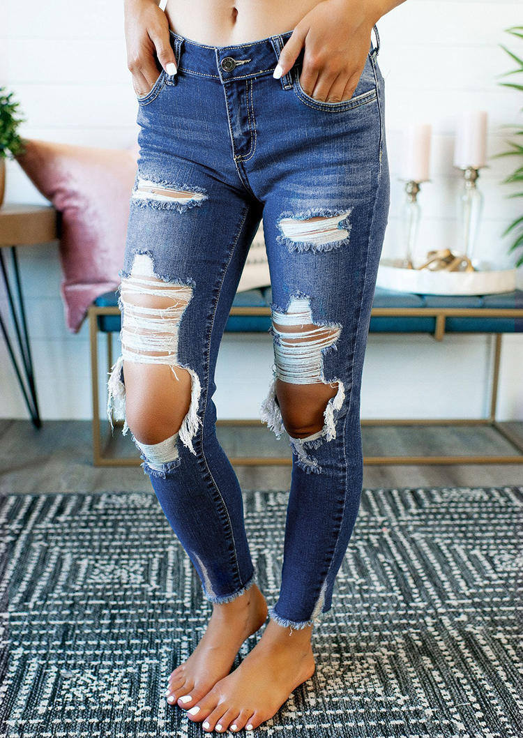 

Pants Ripped Hole Frayed Hem Jeans Pants in Blue. Size
