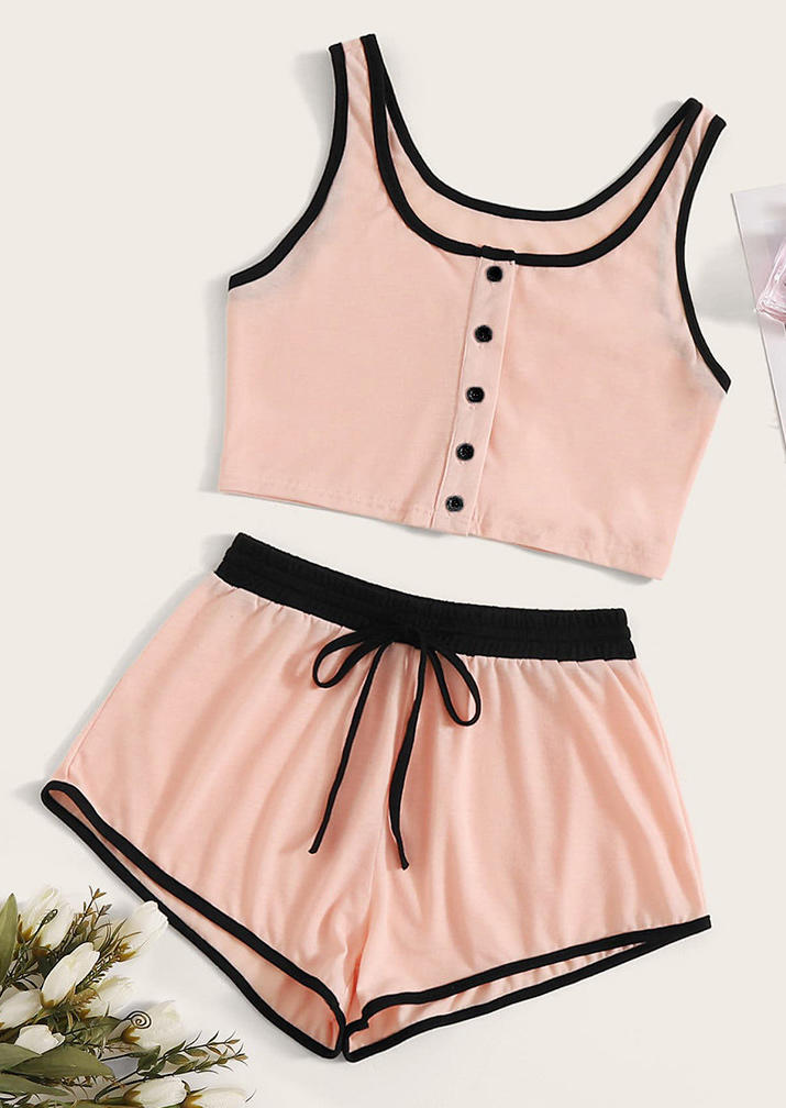 

Sleepwear Button Crop Tank And Shorts Pajamas Set in Pink. Size: ,M,L