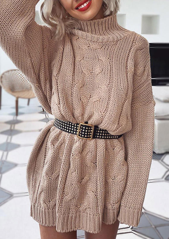 

Mini Dresses Crochet Turtleneck Sweater Mini Dress in Khaki. Size: ,M,L