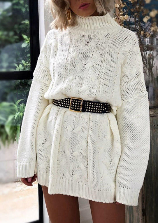 

Mini Dresses Crochet Turtleneck Sweater Mini Dress in White. Size: ,M,L