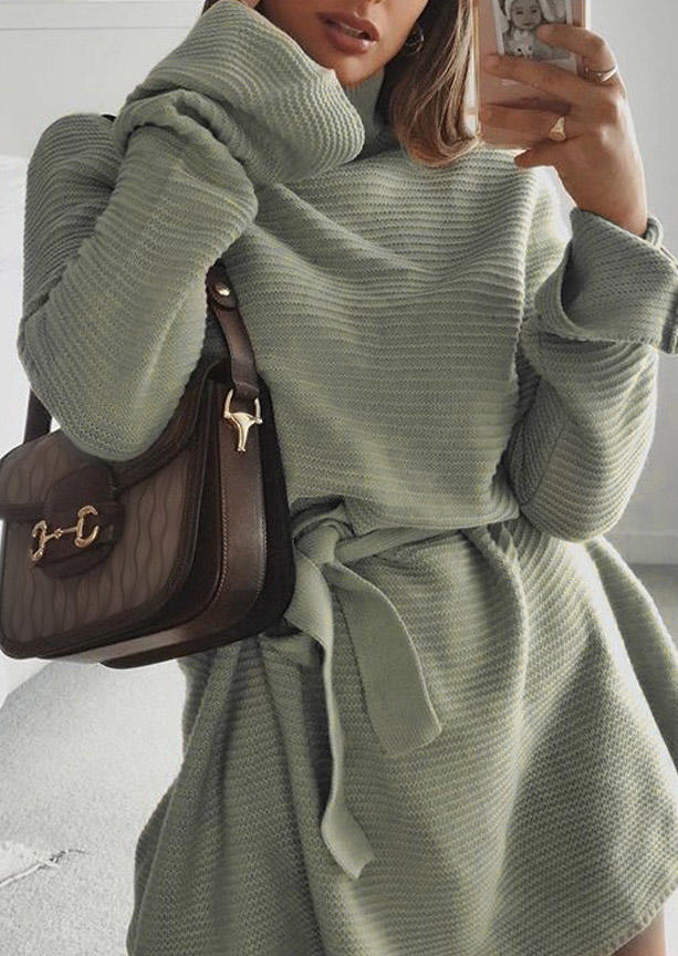 

Mini Dresses Turtleneck Slit Long Sleeve Sweater Mini Dress in Green. Size: ,M,L