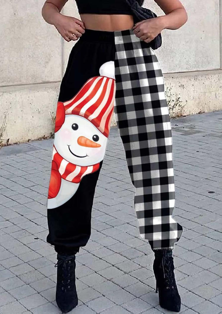 

Pants Christmas Snowman Plaid Elastic Waist Sweatpants in Black. Size: ,M