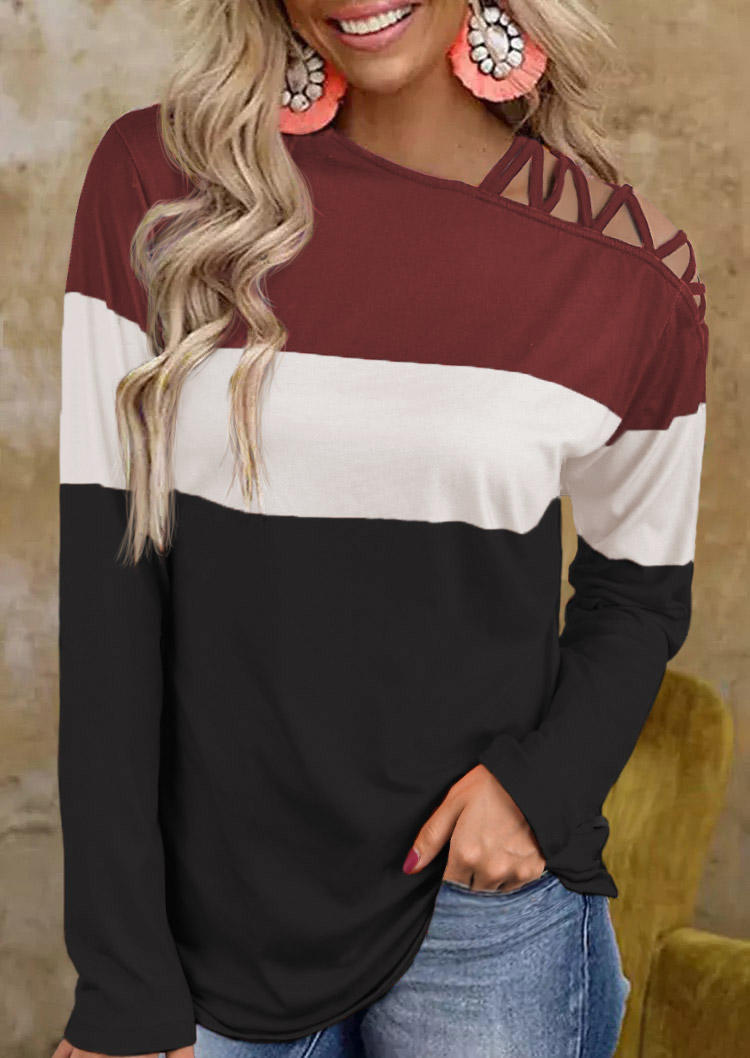 Color Block Criss-Cross One Sided Cold Shoulder Blouse