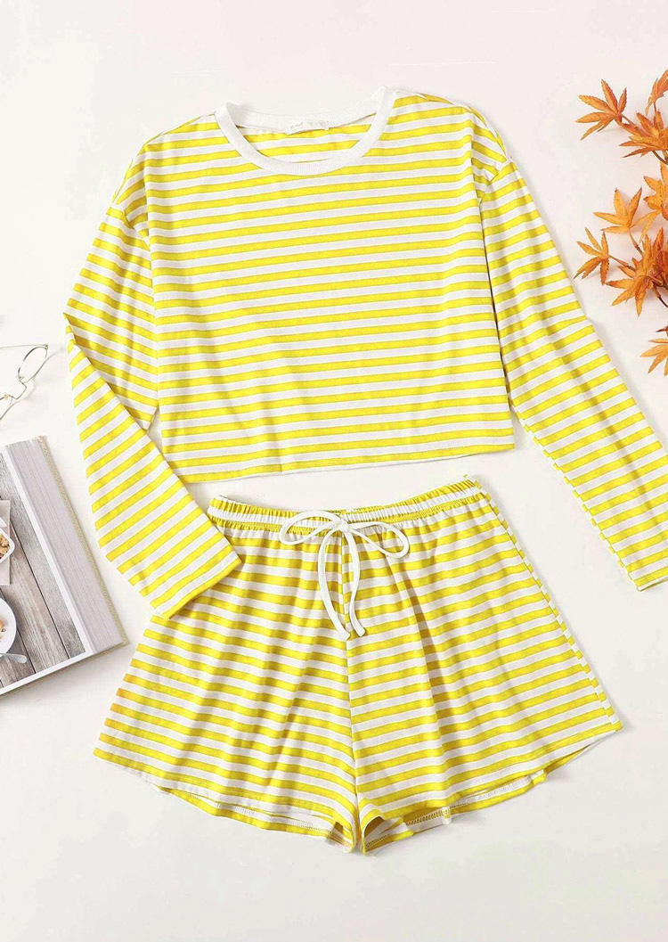 

Sleepwear Striped Blouse And Drawstring Shorts Pajamas Set in Yellow. Size: ,M,L