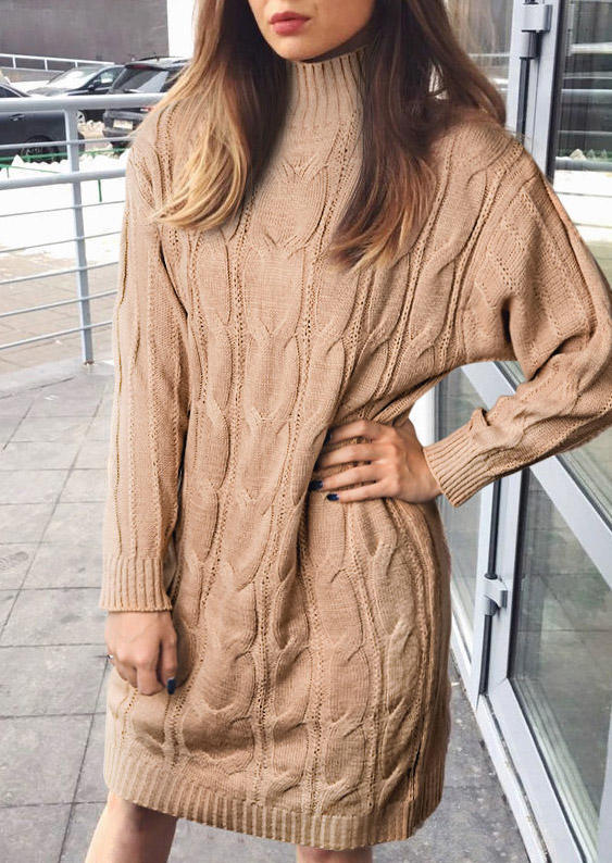 

Mini Dresses Crochet Long Sleeve Sweater Mini Dress in Khaki. Size