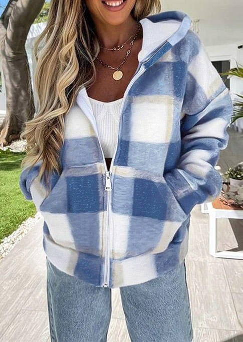 

Coats Plaid Zipper Pocket Hooded Coat in Blue. Size: ,M,L,XL