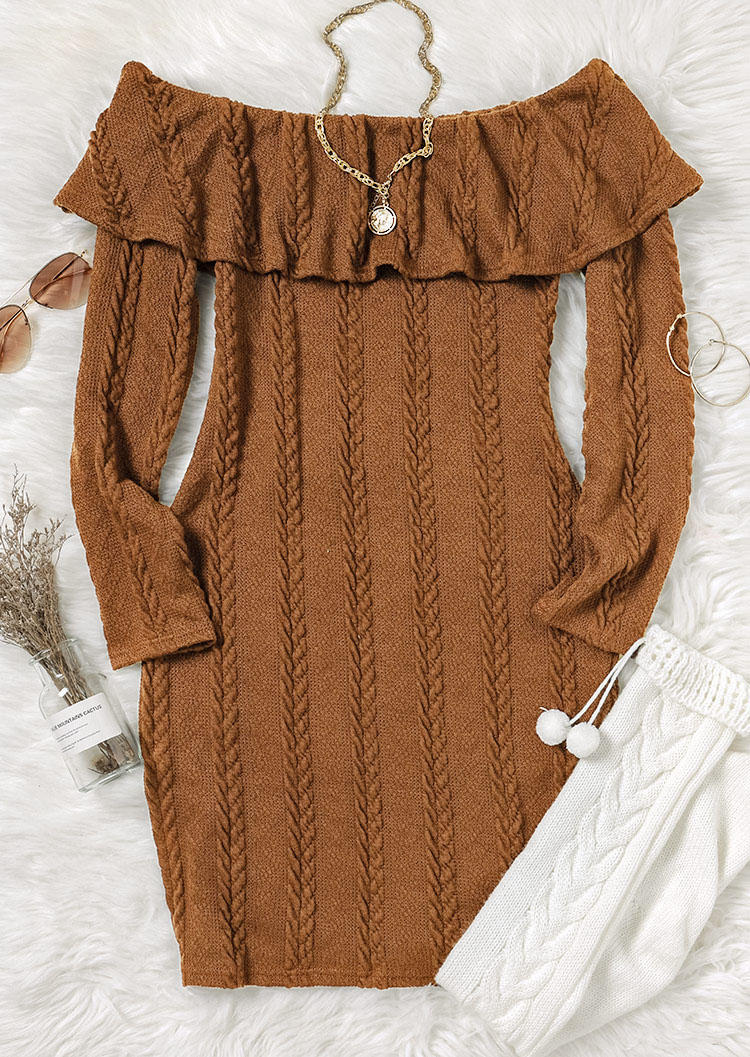 Crochet Off Shoulder Sweater Mini Dress - Light Coffee