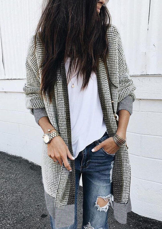 

Cardigans Plaid Long Sleeve Sweater Cardigan in Beige. Size: ,M