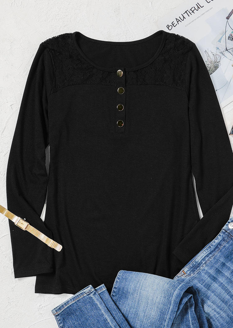 Blouses Lace Splicing Button Long Sleeve Blouse in Black. Size: M,XL