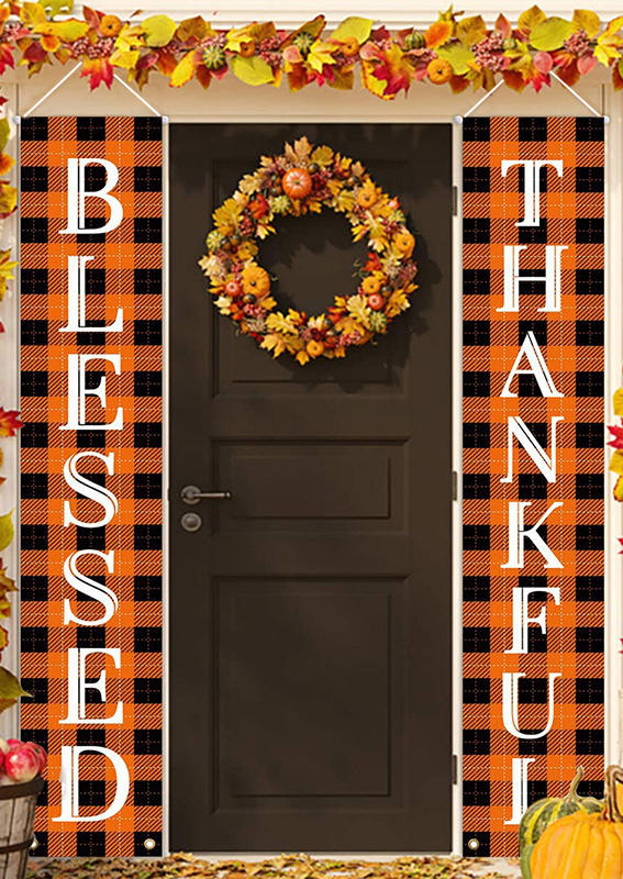 

Buffalo Plaid Blessed Thankful Door Banner in Orange. Size