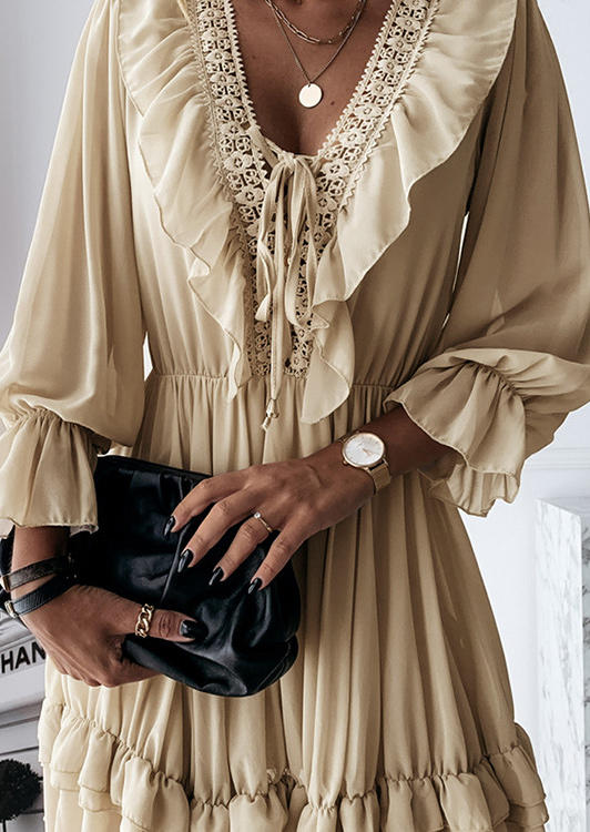 

Mini Dresses Ruffled Lace V-Neck Long Sleeve Mini Dress in Apricot. Size