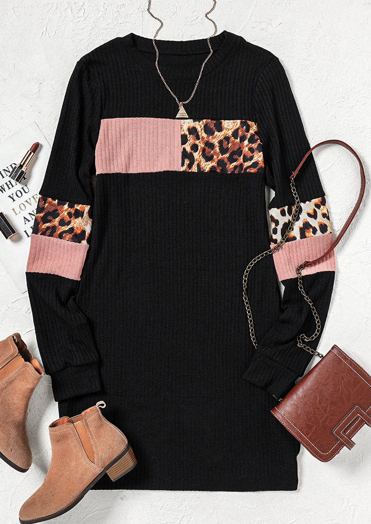 Leopard Color Block Mini Dress - Black
