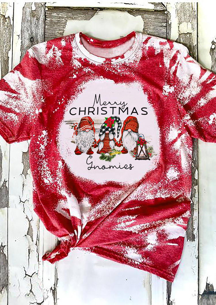 T-shirts Tees Merry Christmas Gnomies Bleached T-Shirt Tee in Red. Size: L,M,S