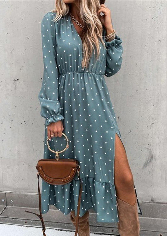 

Polka Dot Ruffled Slit Long Sleeve Midi Dress - Cyan, 520014